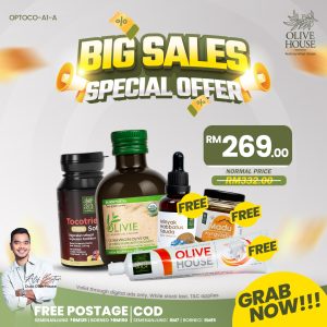Olivie Plus 30x 250ml + Tocotrienols + FREE Minyak Habbatus Sauda 50ml + FREE Madu Kyrgyzstan 50g + FREE Ubat Gigi Garam Bukit